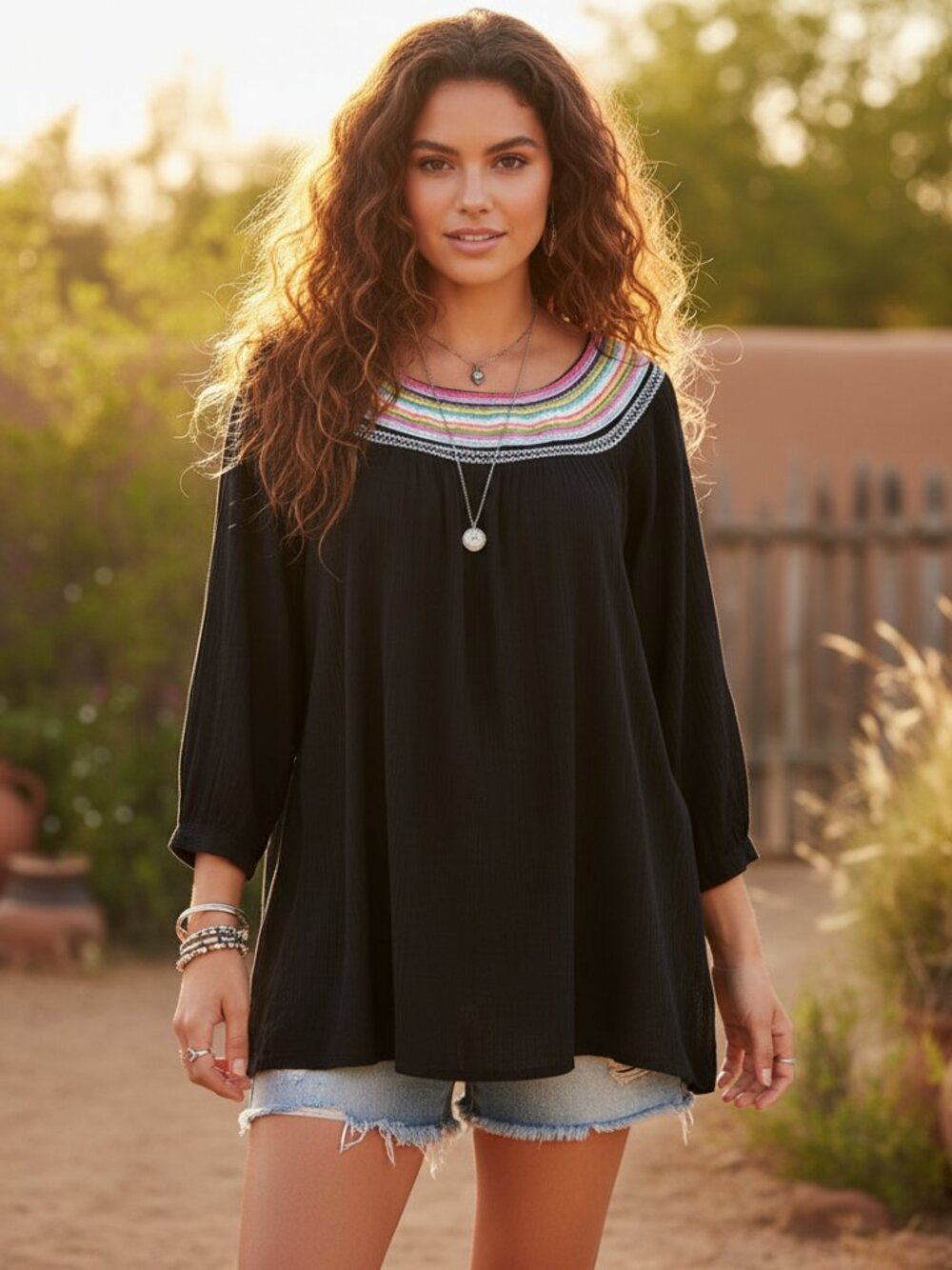 Woman Within L Top Black Embroidered Multi Peasant Boho Indie Artsy Cotton Chic